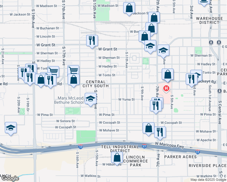 map of restaurants, bars, coffee shops, grocery stores, and more near 1219 West Buckeye Road in Phoenix