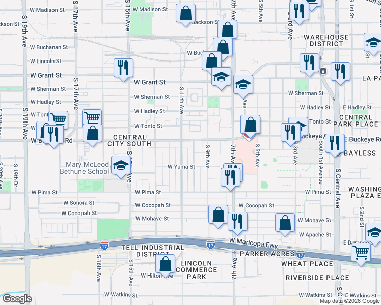 map of restaurants, bars, coffee shops, grocery stores, and more near 1001 West Buckeye Road in Phoenix