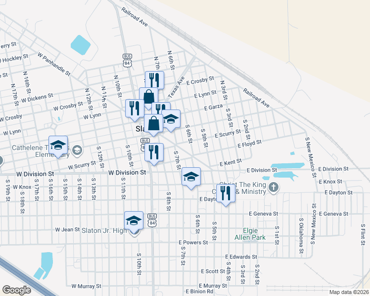 map of restaurants, bars, coffee shops, grocery stores, and more near 200-298 E Scurry St in Slaton