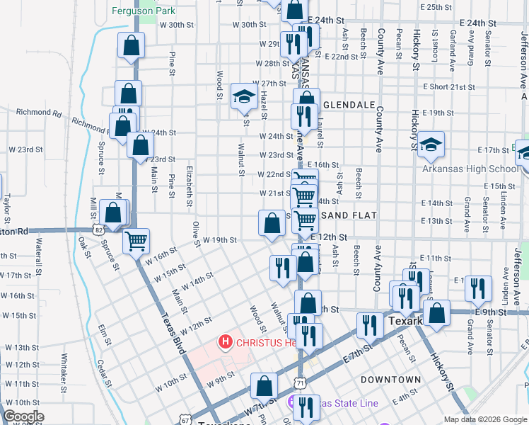 map of restaurants, bars, coffee shops, grocery stores, and more near 2017 Hazel St in Texarkana