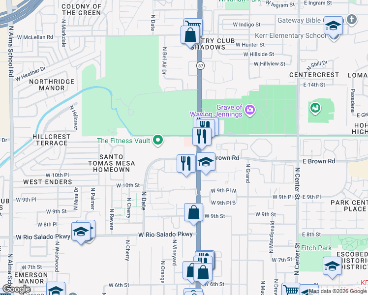 map of restaurants, bars, coffee shops, grocery stores, and more near 424 West Brown Road in Mesa