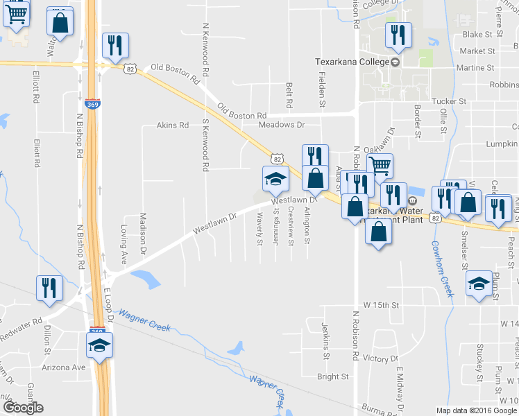 map of restaurants, bars, coffee shops, grocery stores, and more near 1704 Waverly Street in Texarkana