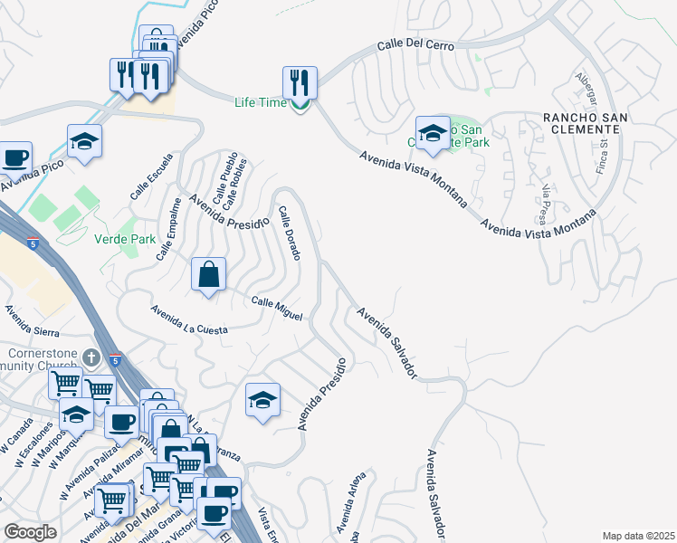 map of restaurants, bars, coffee shops, grocery stores, and more near 109 Avenida Salvador in San Clemente