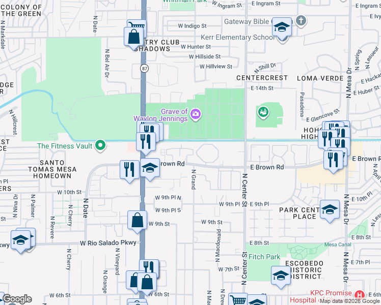 map of restaurants, bars, coffee shops, grocery stores, and more near 130 West Brown Road in Mesa