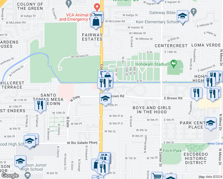 map of restaurants, bars, coffee shops, grocery stores, and more near 1209 North Country Club Drive in Mesa