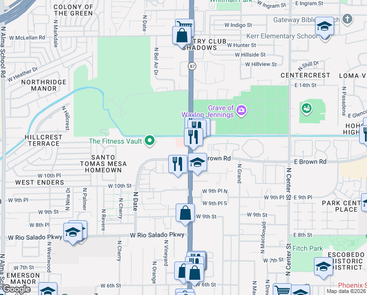 map of restaurants, bars, coffee shops, grocery stores, and more near 1182-1196 North Country Club Drive in Mesa