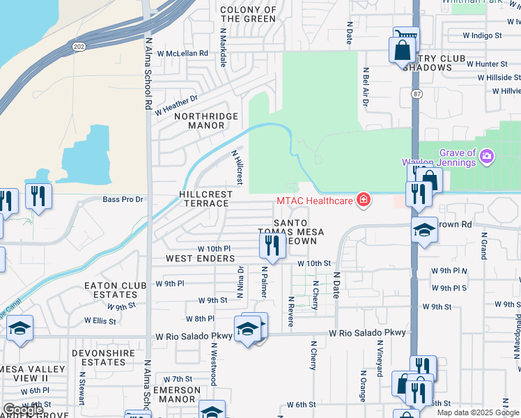map of restaurants, bars, coffee shops, grocery stores, and more near 832 West Mountain View Drive in Mesa