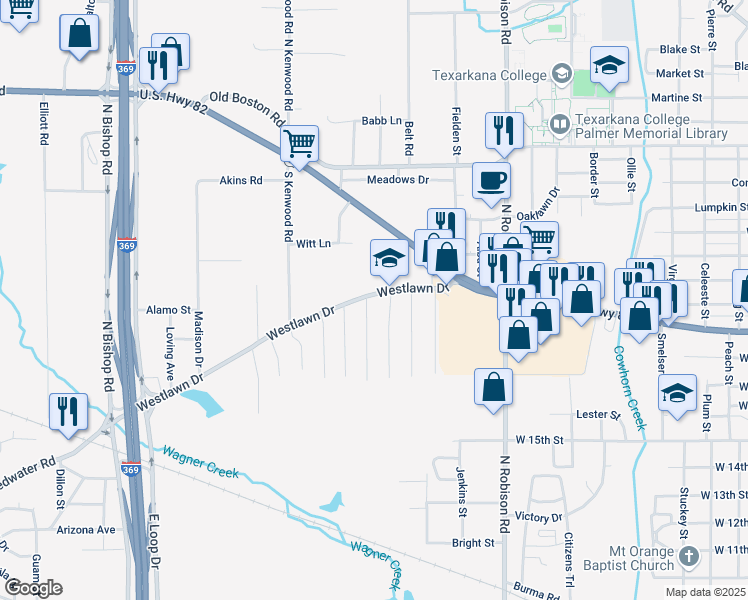 map of restaurants, bars, coffee shops, grocery stores, and more near 425 Westlawn Drive in Texarkana
