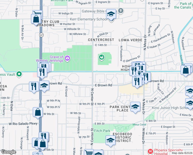 map of restaurants, bars, coffee shops, grocery stores, and more near 30 East Brown Road in Mesa