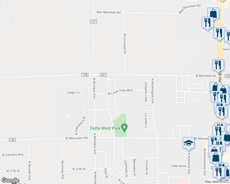 map of restaurants, bars, coffee shops, grocery stores, and more near 1198 West Linda Vista Boulevard in Roswell