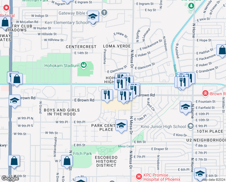 map of restaurants, bars, coffee shops, grocery stores, and more near 262 East Brown Road in Mesa