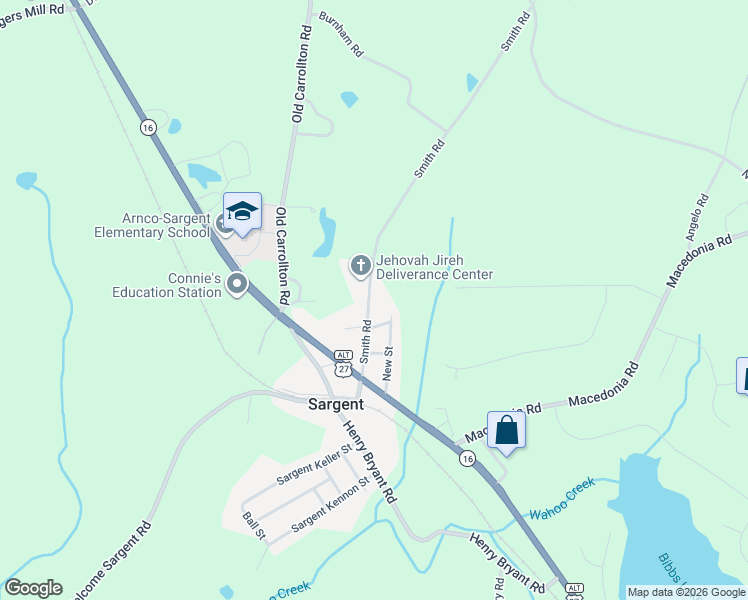 map of restaurants, bars, coffee shops, grocery stores, and more near 116 Smith Road in Newnan