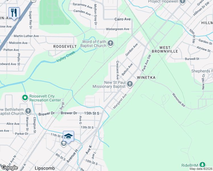 map of restaurants, bars, coffee shops, grocery stores, and more near 1821 Courtney Avenue in Bessemer
