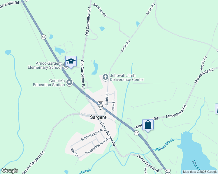 map of restaurants, bars, coffee shops, grocery stores, and more near 101 Smith Road in Newnan