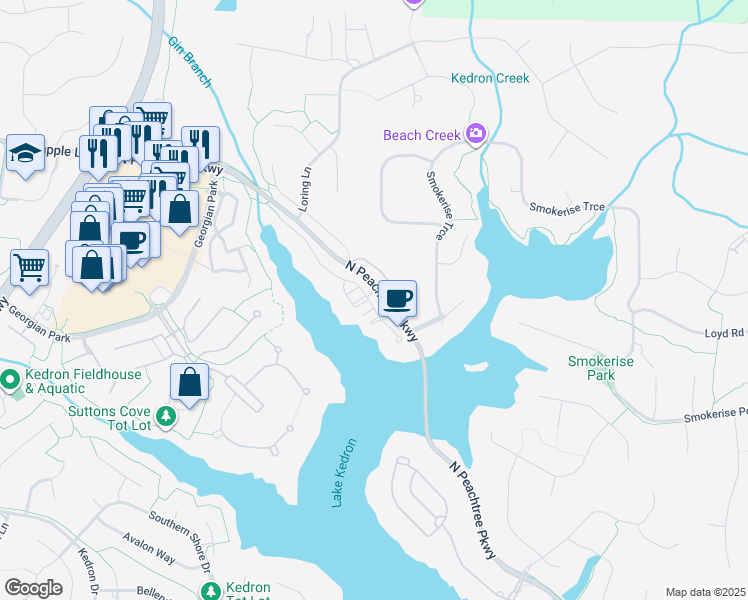 map of restaurants, bars, coffee shops, grocery stores, and more near 123 North Cove Drive in Peachtree City