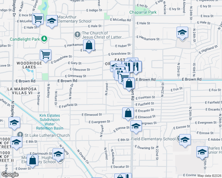 map of restaurants, bars, coffee shops, grocery stores, and more near 1846 East Fountain Street in Mesa