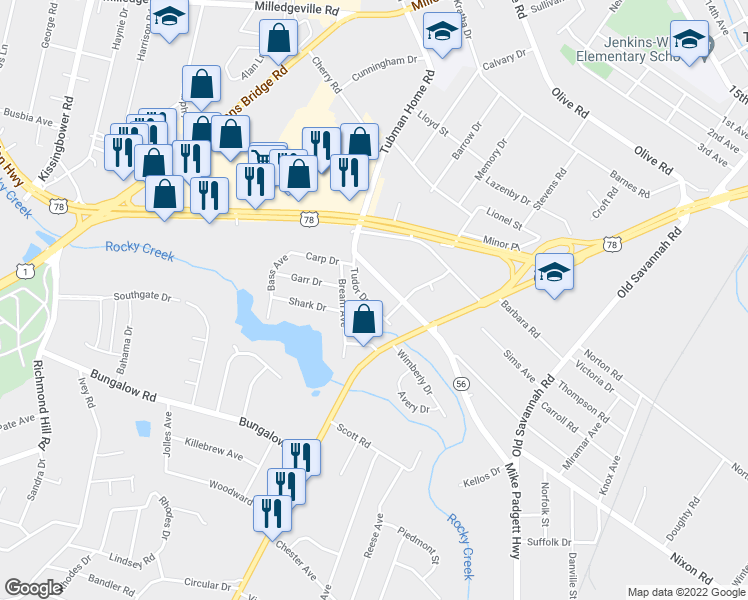 map of restaurants, bars, coffee shops, grocery stores, and more near 2210 Tudor Drive in Augusta