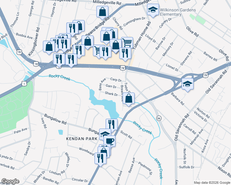 map of restaurants, bars, coffee shops, grocery stores, and more near 2023 Garr Drive in Augusta