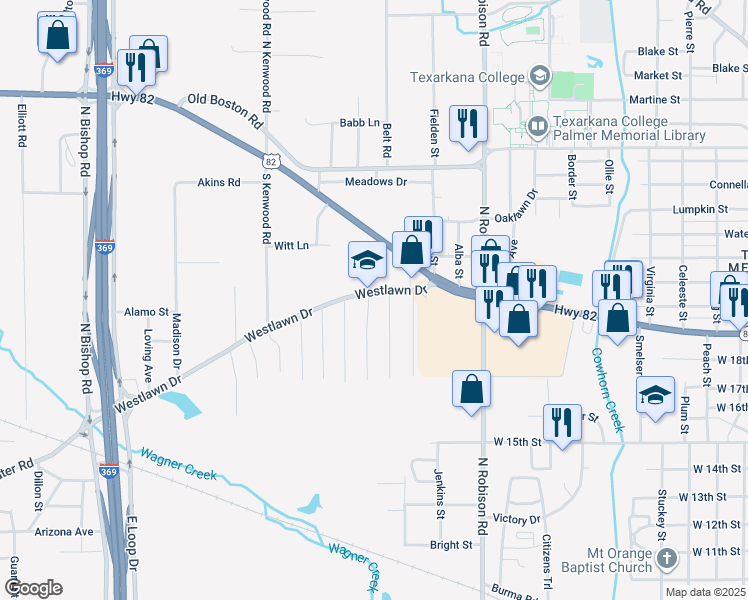 map of restaurants, bars, coffee shops, grocery stores, and more near 407 Westlawn Drive in Texarkana