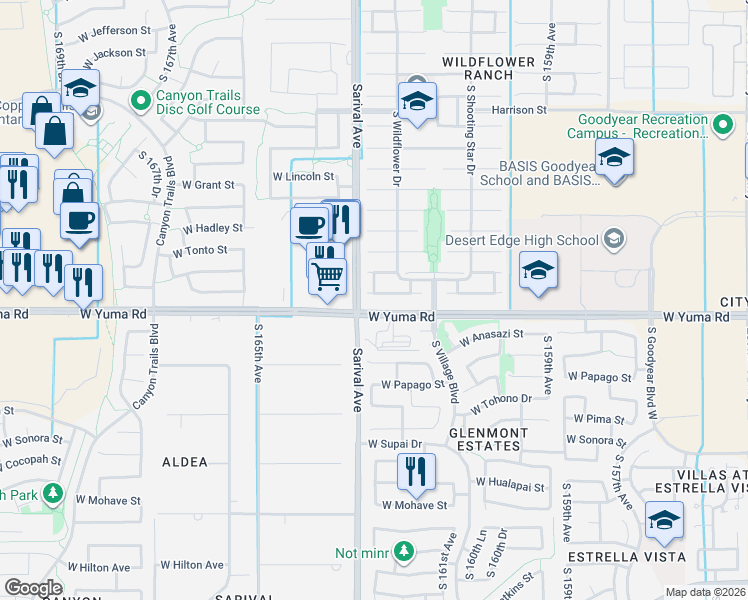 map of restaurants, bars, coffee shops, grocery stores, and more near 16250 West Maricopa Street in Goodyear
