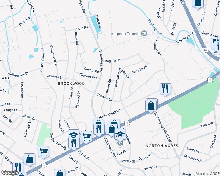 map of restaurants, bars, coffee shops, grocery stores, and more near 2428 Dickey Road in Augusta