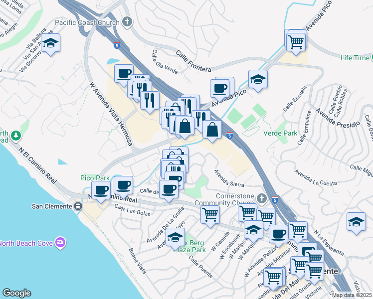 map of restaurants, bars, coffee shops, grocery stores, and more near 1510 Avenida de la Estrella in San Clemente