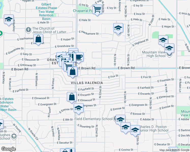 map of restaurants, bars, coffee shops, grocery stores, and more near 2059 East Brown Road in Mesa