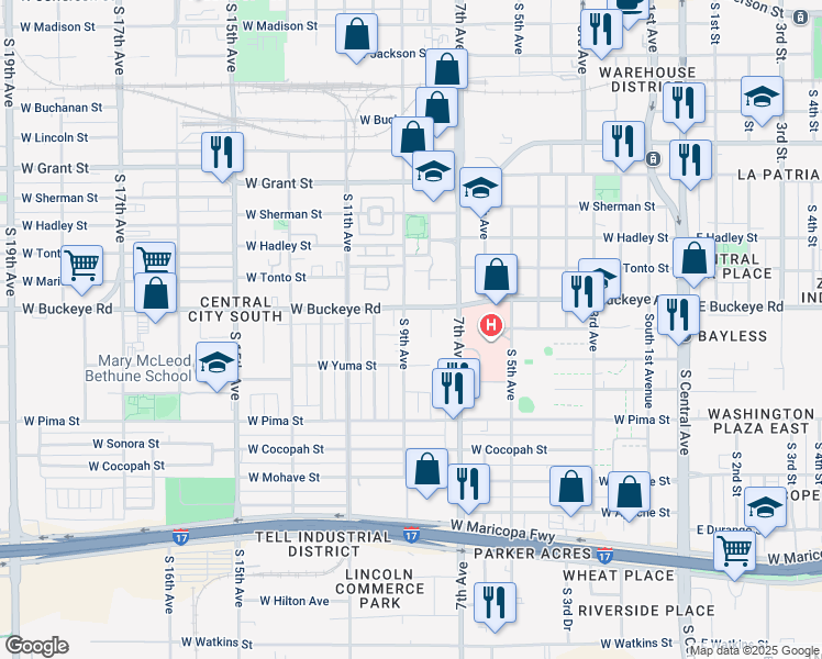 map of restaurants, bars, coffee shops, grocery stores, and more near 847 West Buckeye Road in Phoenix
