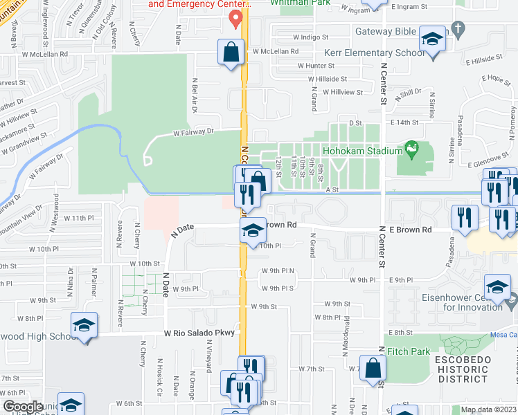 map of restaurants, bars, coffee shops, grocery stores, and more near 1209 North Country Club Drive in Mesa
