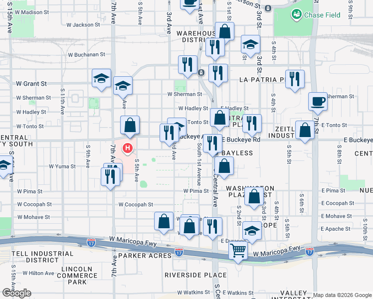 map of restaurants, bars, coffee shops, grocery stores, and more near 1121 South 3rd Avenue in Phoenix