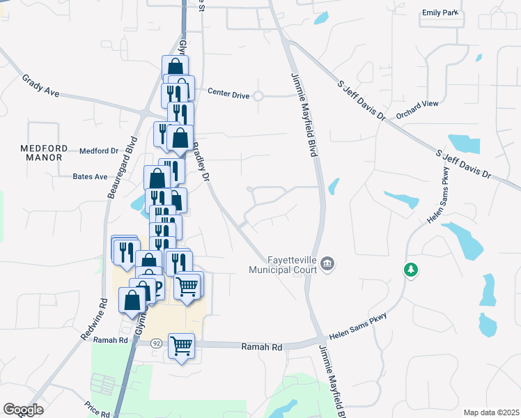 map of restaurants, bars, coffee shops, grocery stores, and more near 200 Woodgate Drive in Fayetteville