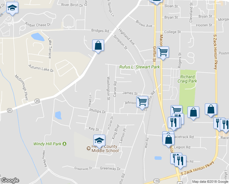 map of restaurants, bars, coffee shops, grocery stores, and more near 83 Carver Road in McDonough