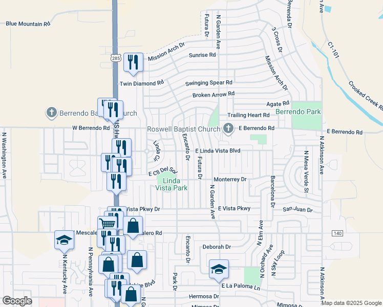 map of restaurants, bars, coffee shops, grocery stores, and more near 3117 Encanto Drive in Roswell