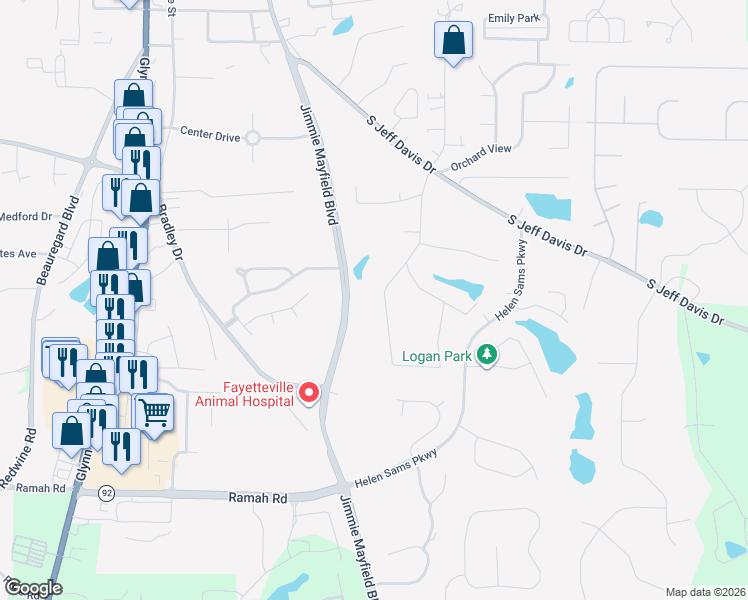 map of restaurants, bars, coffee shops, grocery stores, and more near 250 Lake Circle Drive in Fayetteville
