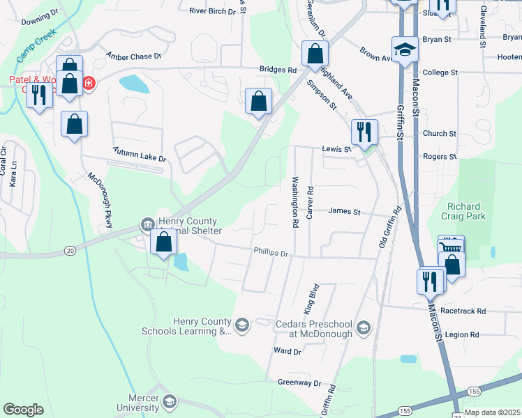map of restaurants, bars, coffee shops, grocery stores, and more near 121 Tillman Court in McDonough