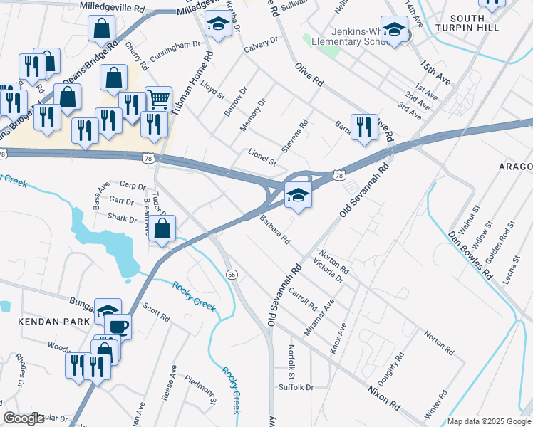 map of restaurants, bars, coffee shops, grocery stores, and more near 2232 U.S. 25 in Augusta