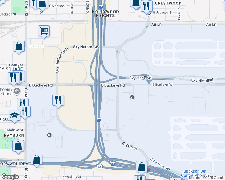 map of restaurants, bars, coffee shops, grocery stores, and more near 2115 East Buckeye Road in Phoenix