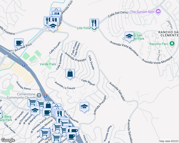 map of restaurants, bars, coffee shops, grocery stores, and more near 323 Calle Dorado in San Clemente