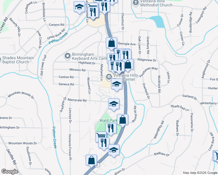 map of restaurants, bars, coffee shops, grocery stores, and more near 1112 Montgomery Highway in Vestavia Hills