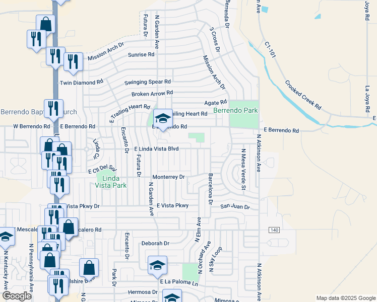 map of restaurants, bars, coffee shops, grocery stores, and more near 803 East Linda Vista Boulevard in Roswell