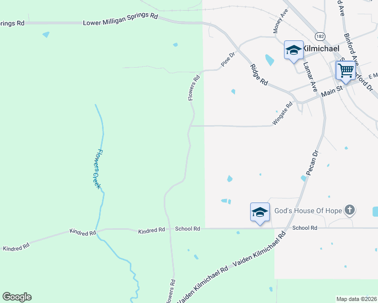 map of restaurants, bars, coffee shops, grocery stores, and more near 163 Flowers Road in Kilmichael