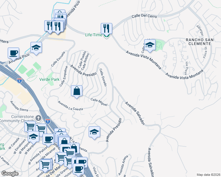 map of restaurants, bars, coffee shops, grocery stores, and more near 723 Avenida Presidio in San Clemente