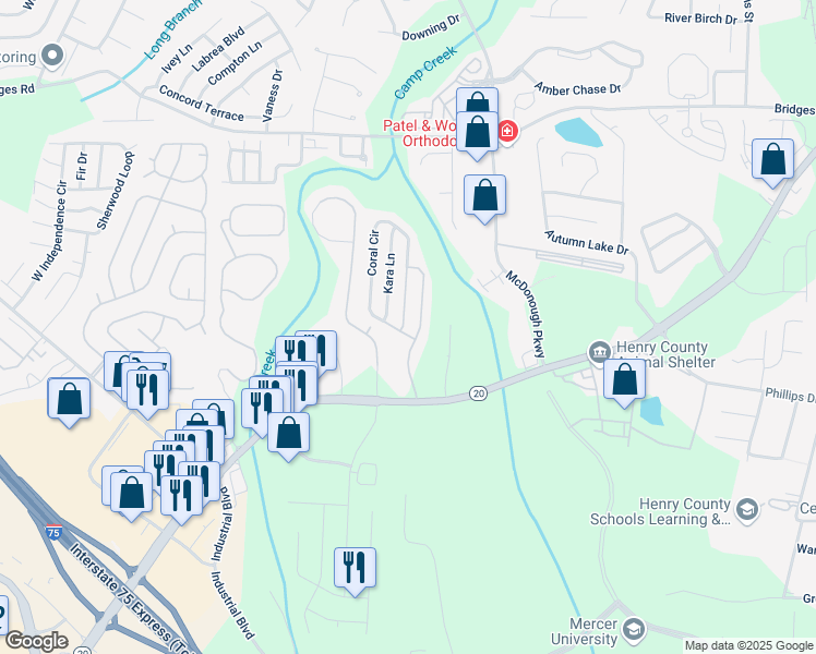 map of restaurants, bars, coffee shops, grocery stores, and more near 402 Kara Lane in McDonough