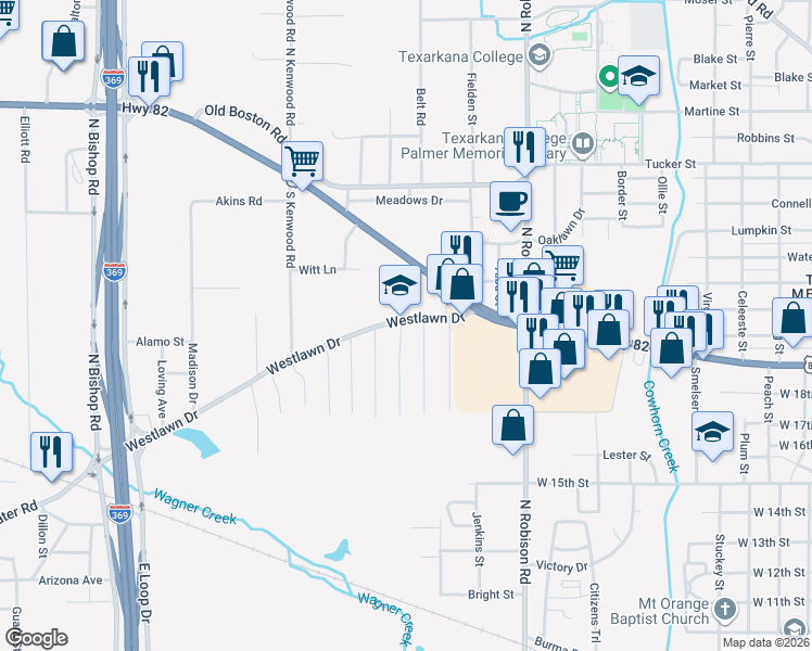 map of restaurants, bars, coffee shops, grocery stores, and more near 402 Westlawn Drive in Texarkana