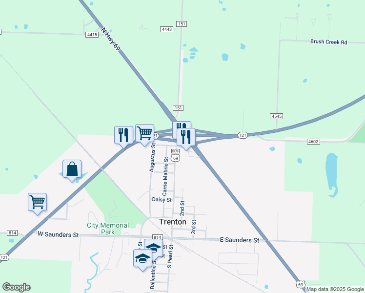 map of restaurants, bars, coffee shops, grocery stores, and more near 13503 Texas 121 in Trenton
