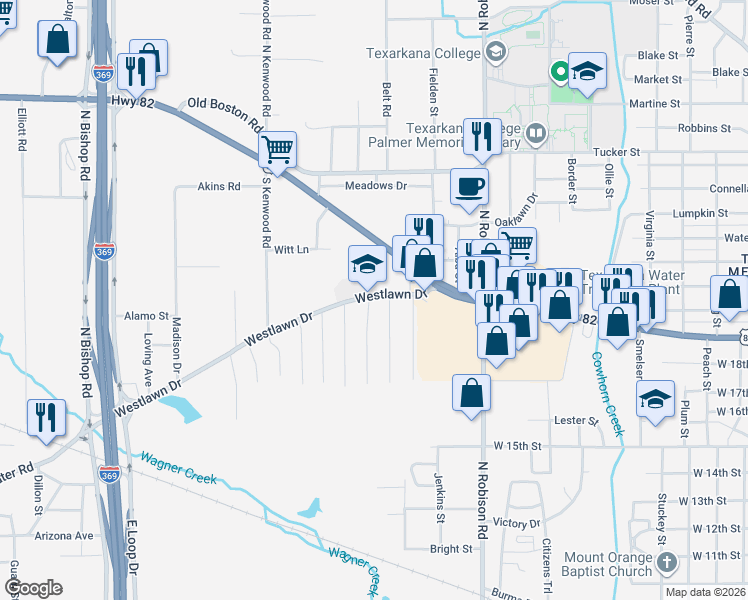 map of restaurants, bars, coffee shops, grocery stores, and more near 402 Westlawn Drive in Texarkana