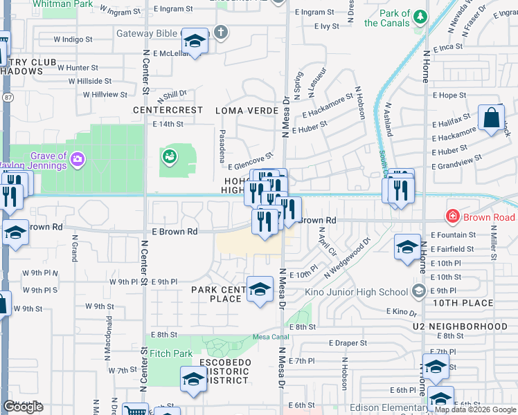 map of restaurants, bars, coffee shops, grocery stores, and more near 318 East Brown Road in Mesa