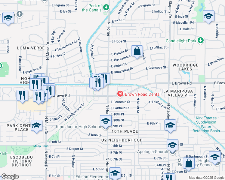 map of restaurants, bars, coffee shops, grocery stores, and more near 820 East Brown Road in Mesa