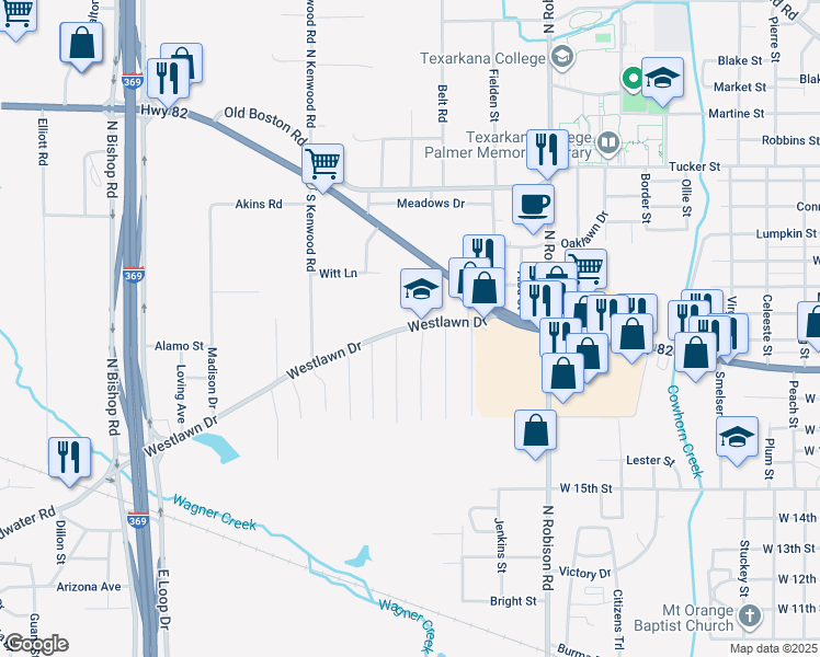 map of restaurants, bars, coffee shops, grocery stores, and more near 425 Westlawn Drive in Texarkana