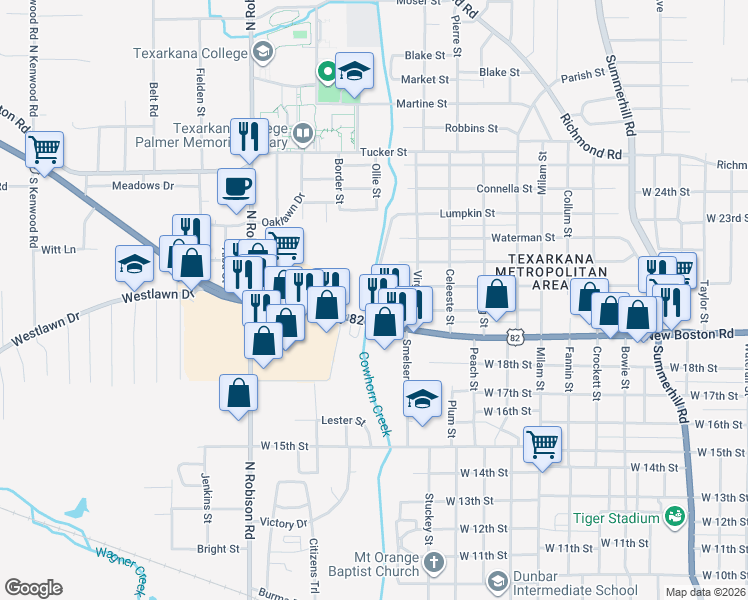 map of restaurants, bars, coffee shops, grocery stores, and more near 2702 New Boston Road in Texarkana